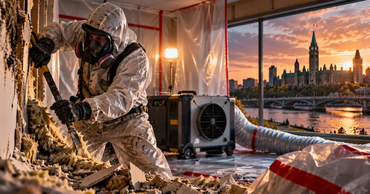 Worker in coveralls and a half-face respirator inside plastic containment with a negative-air unit, Parliament Hill through the window